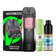 Vaporesso LUXE XR Pod Kit Bundle – futuristic and powerful pod system with a sleek silver finish, with Luxe X replacement pods and 2 nic salts of you choice.
